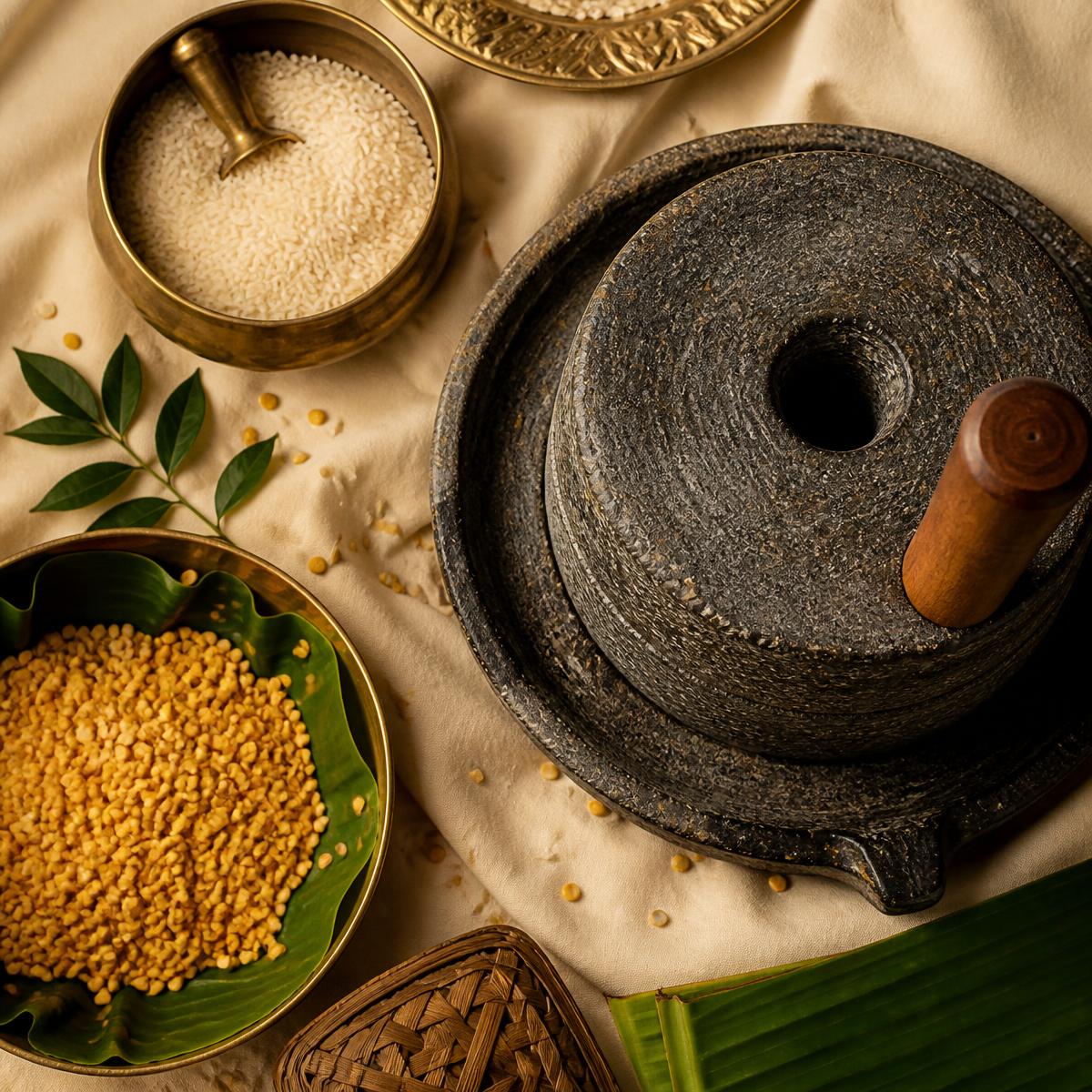 Traditional stone grinder with rice, lentils and fresh leaves